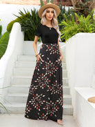 Printed Round Neck Short Sleeve Maxi Dress - Guy Christopher