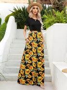 Printed Round Neck Short Sleeve Maxi Dress - Guy Christopher