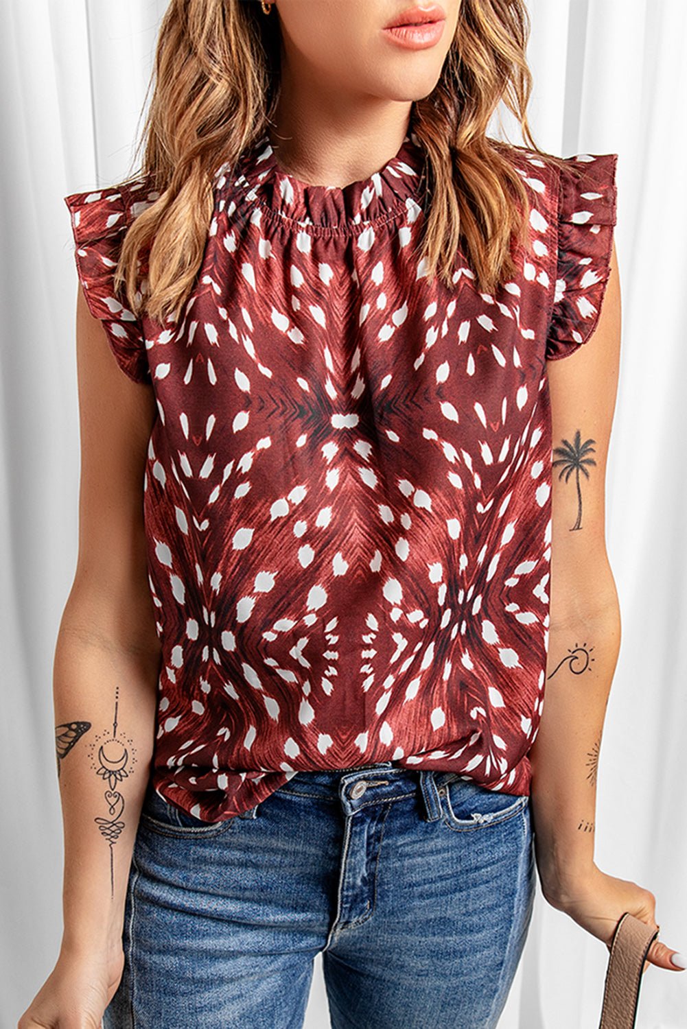 Printed Ruffle Shoulder Blouse - Guy Christopher
