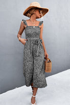 Printed Ruffle Strap Smocked Belted Jumpsuit - Guy Christopher