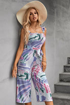 Printed Ruffle Strap Smocked Belted Jumpsuit - Guy Christopher