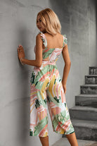 Printed Ruffle Strap Smocked Belted Jumpsuit - Guy Christopher