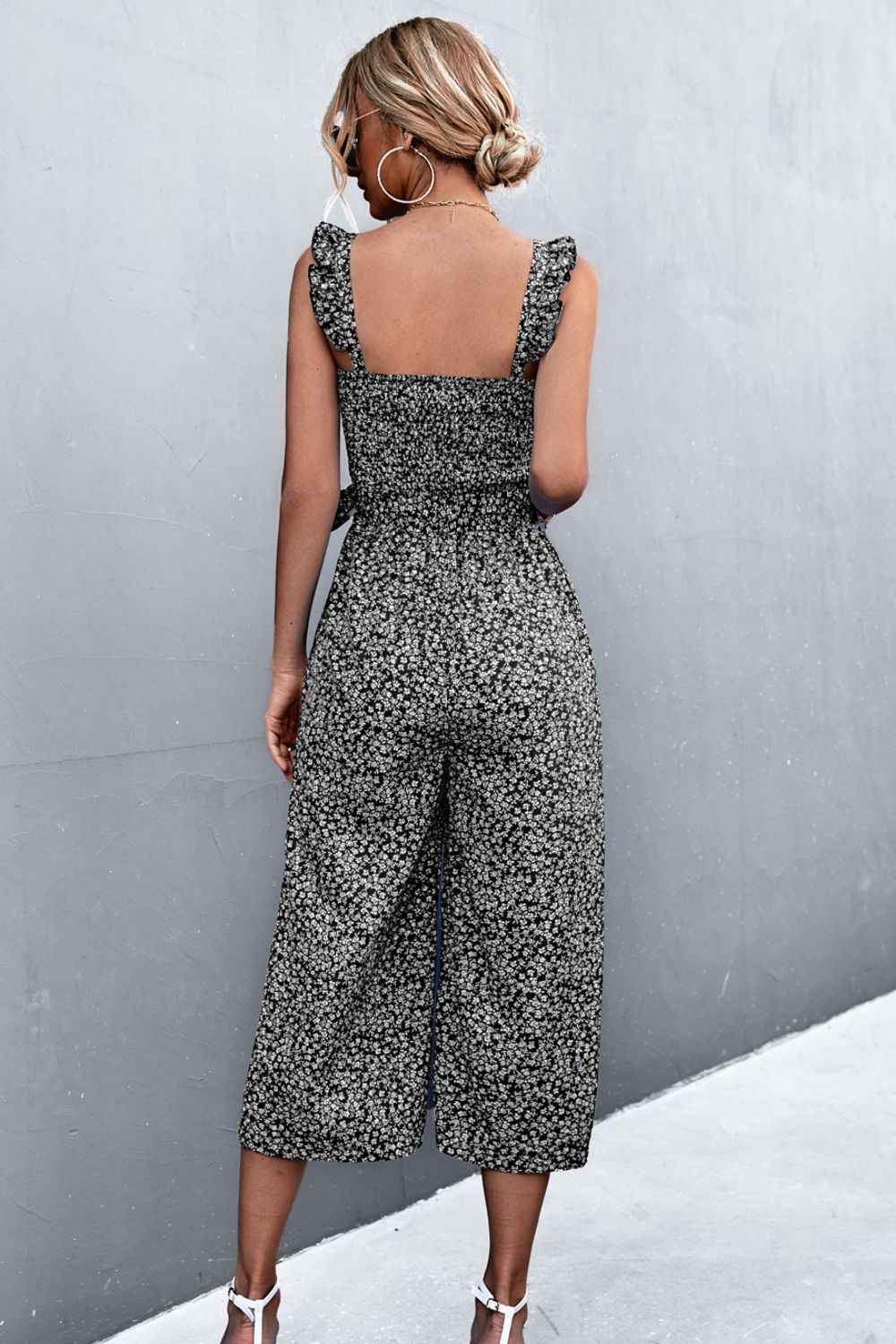 Printed Ruffle Strap Smocked Belted Jumpsuit - Guy Christopher