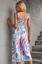 Printed Ruffle Strap Smocked Belted Jumpsuit - Guy Christopher