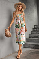 Printed Ruffle Strap Smocked Belted Jumpsuit - Guy Christopher