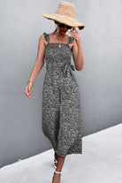 Printed Ruffle Strap Smocked Belted Jumpsuit - Guy Christopher