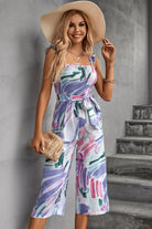 Printed Ruffle Strap Smocked Belted Jumpsuit - Guy Christopher