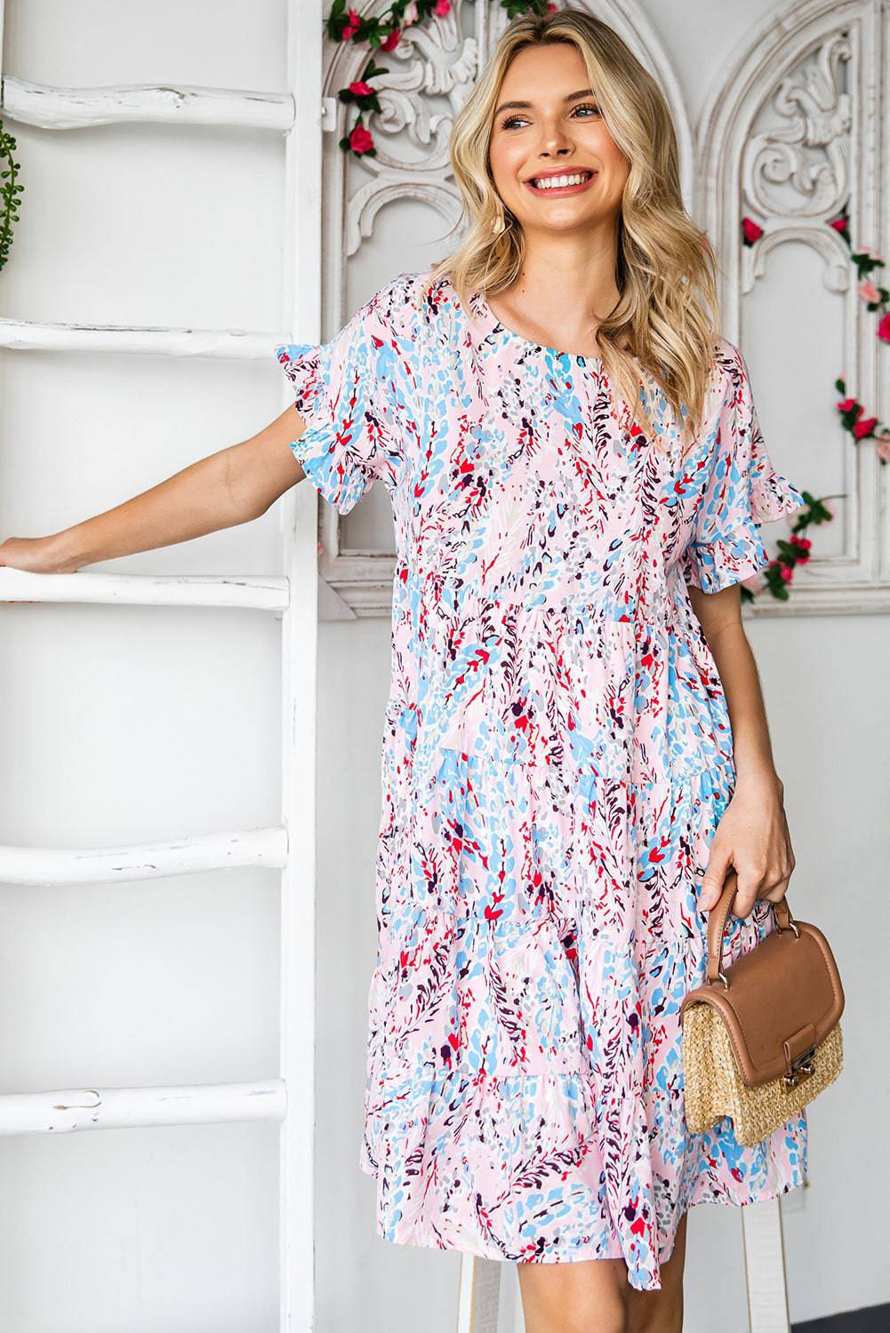 Printed Short Flounce Sleeve Tiered Dress - Guy Christopher