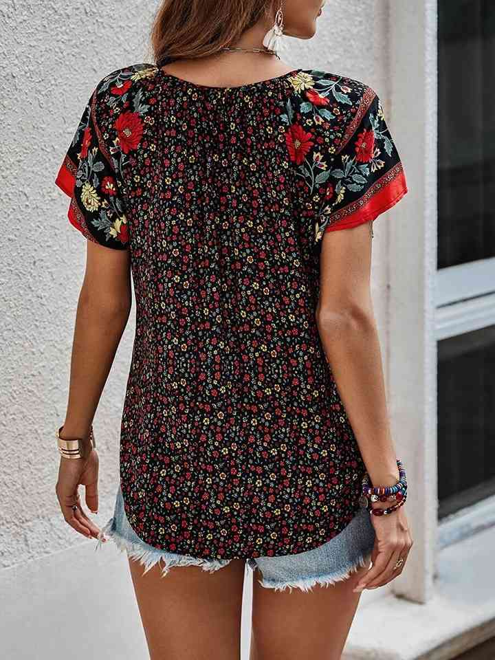 Printed Short Sleeve Tie Neck Blouse - Guy Christopher