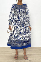 Printed Smocked Lantern Sleeve Ruffled Dress - Guy Christopher