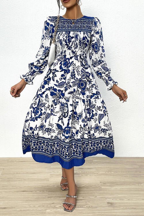 Printed Smocked Lantern Sleeve Ruffled Dress - Guy Christopher