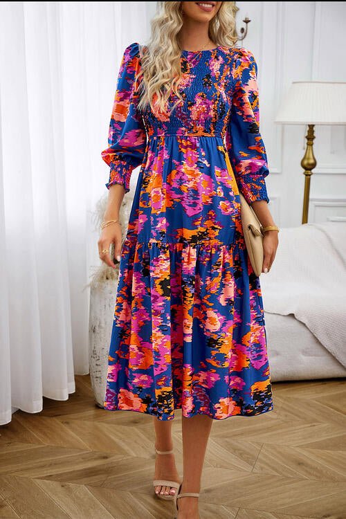 Printed Smocked Lantern Sleeve Ruffled Dress - Guy Christopher