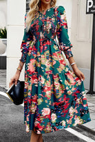 Printed Smocked Lantern Sleeve Ruffled Dress - Guy Christopher