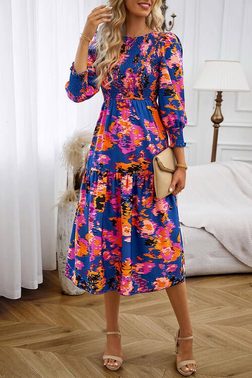 Printed Smocked Lantern Sleeve Ruffled Dress - Guy Christopher