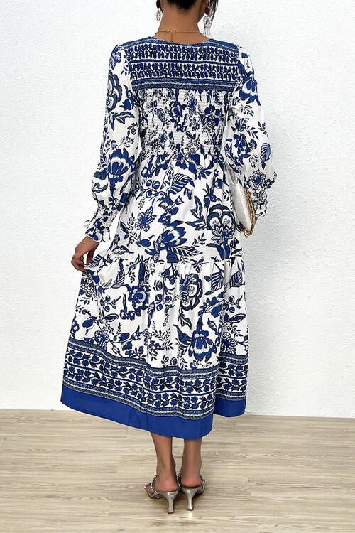 Printed Smocked Lantern Sleeve Ruffled Dress - Guy Christopher