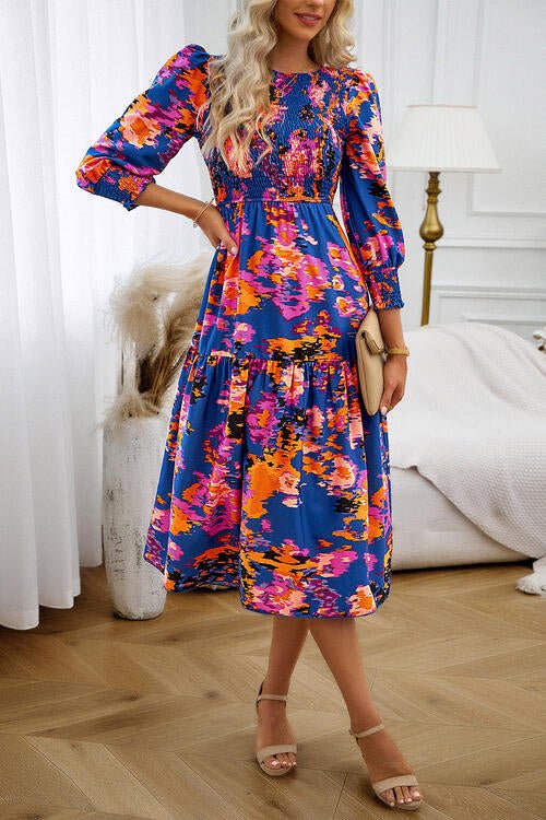 Printed Smocked Lantern Sleeve Ruffled Dress - Guy Christopher