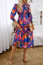 Printed Smocked Lantern Sleeve Ruffled Dress - Guy Christopher