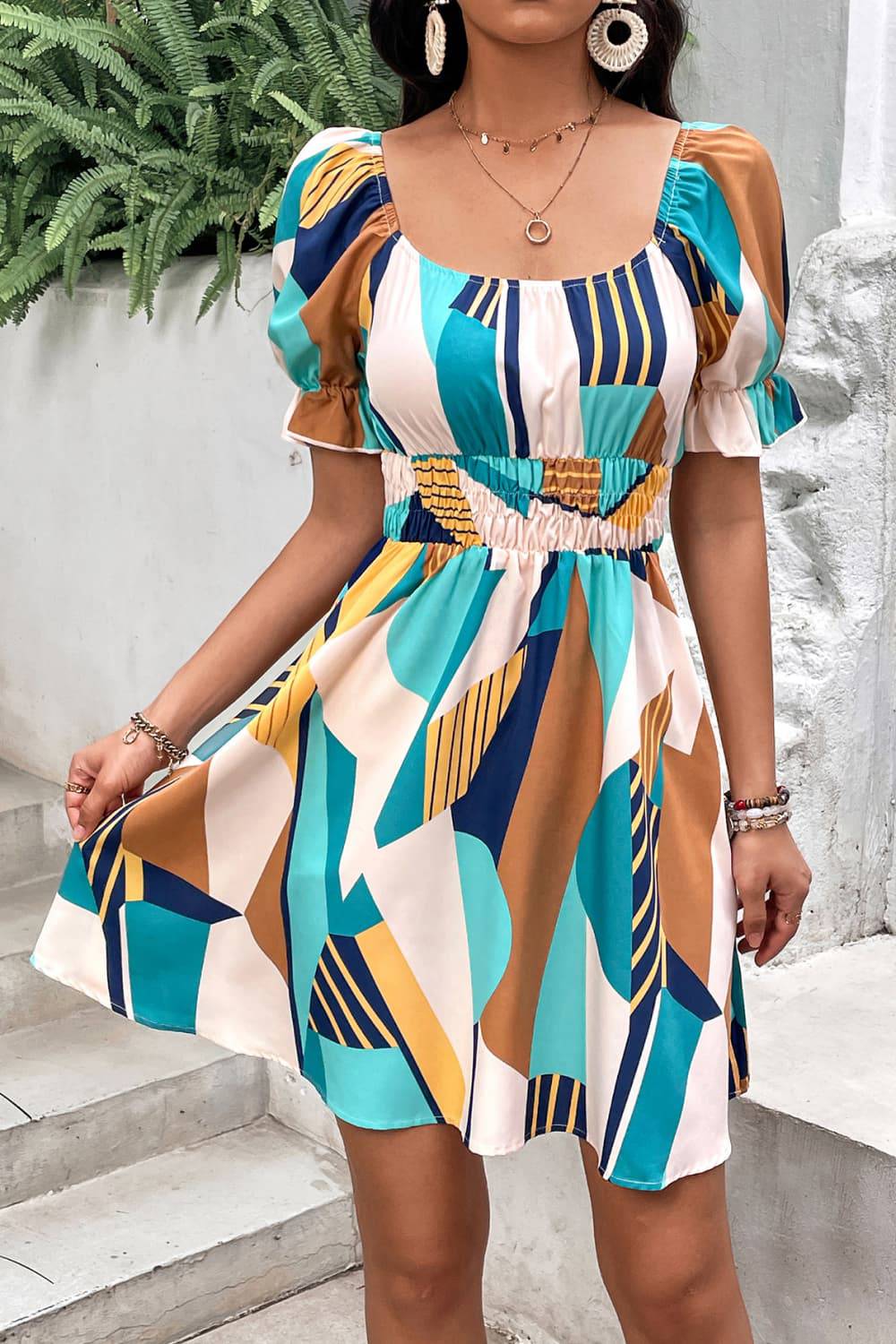 Printed Smocked Waist Flounce Sleeve Dress - Guy Christopher