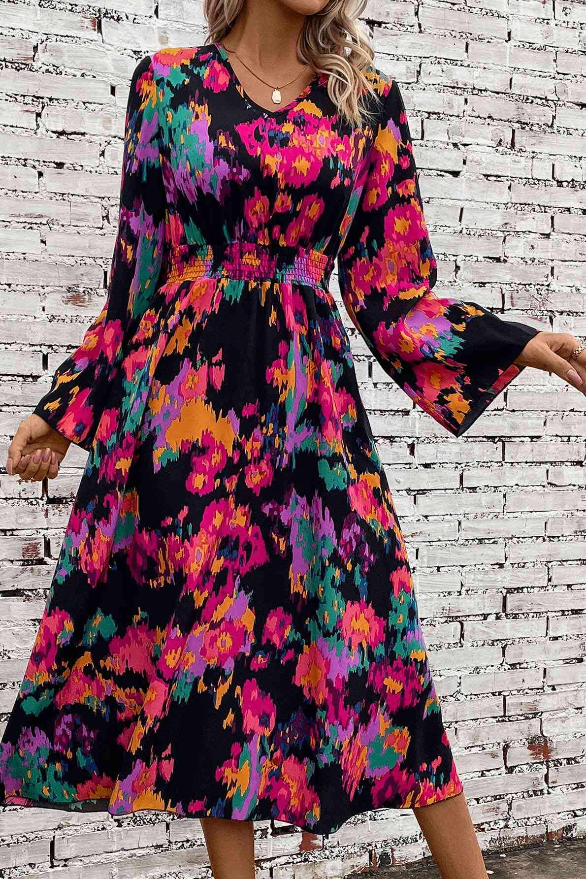 Printed Smocked Waist Midi Dress - Guy Christopher