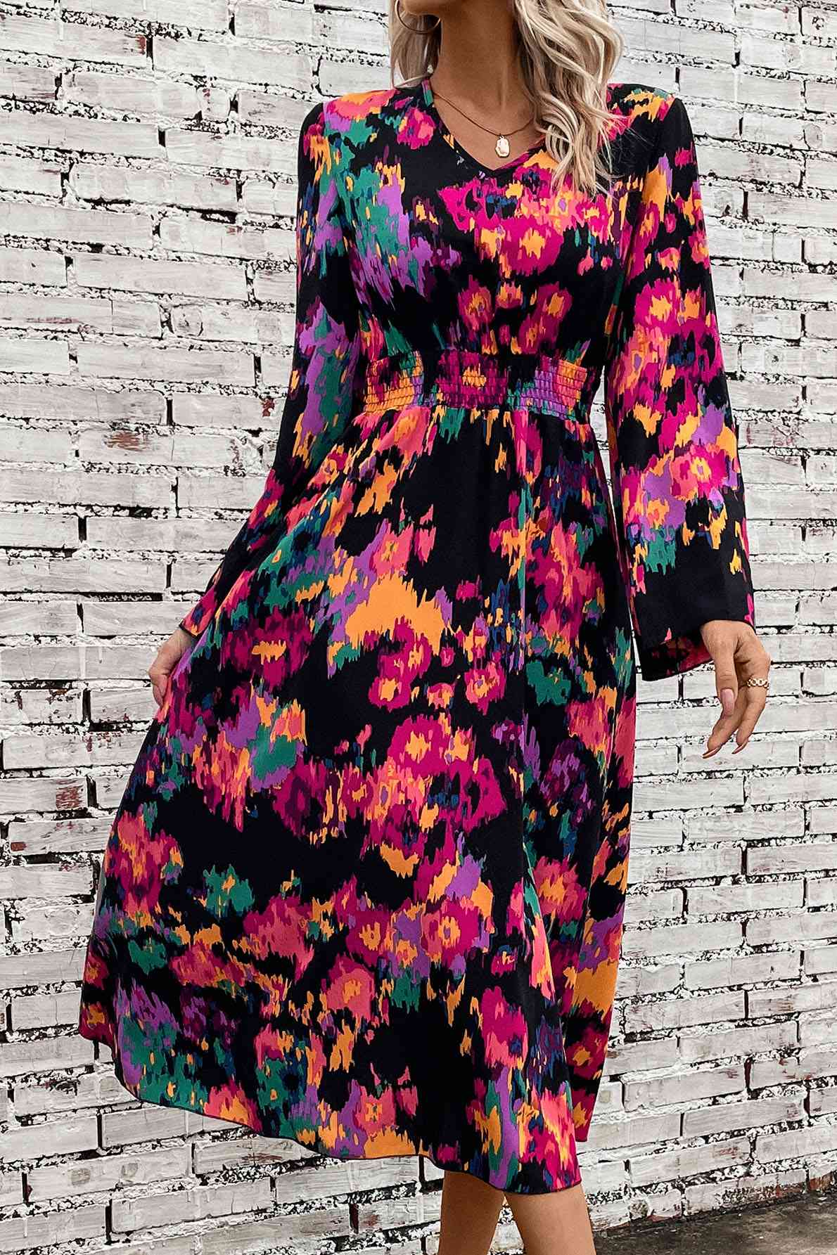 Printed Smocked Waist Midi Dress - Guy Christopher