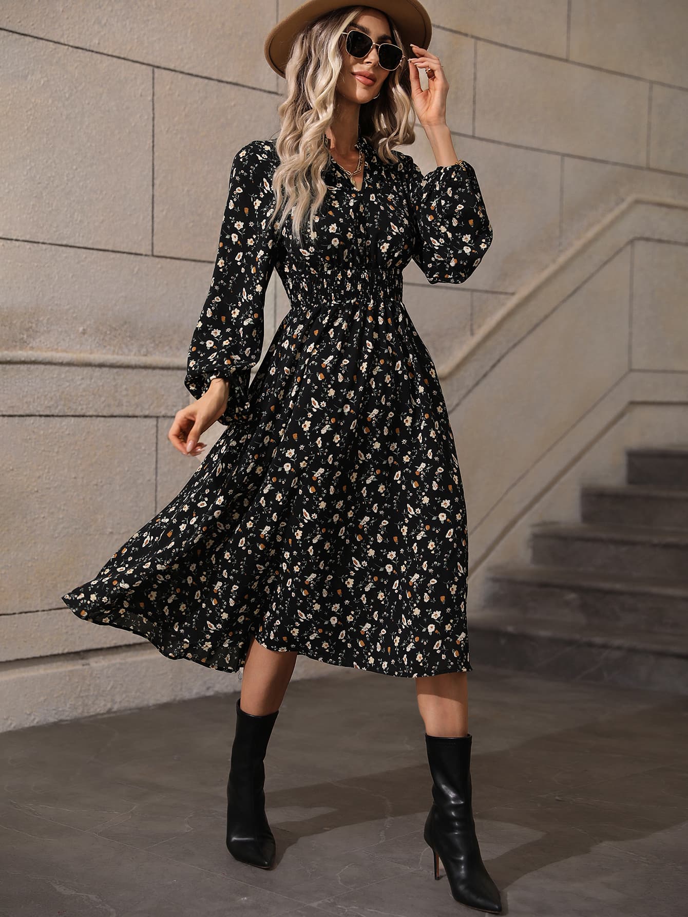 Printed Smocked Waist Notched Neck Midi Dress - Guy Christopher