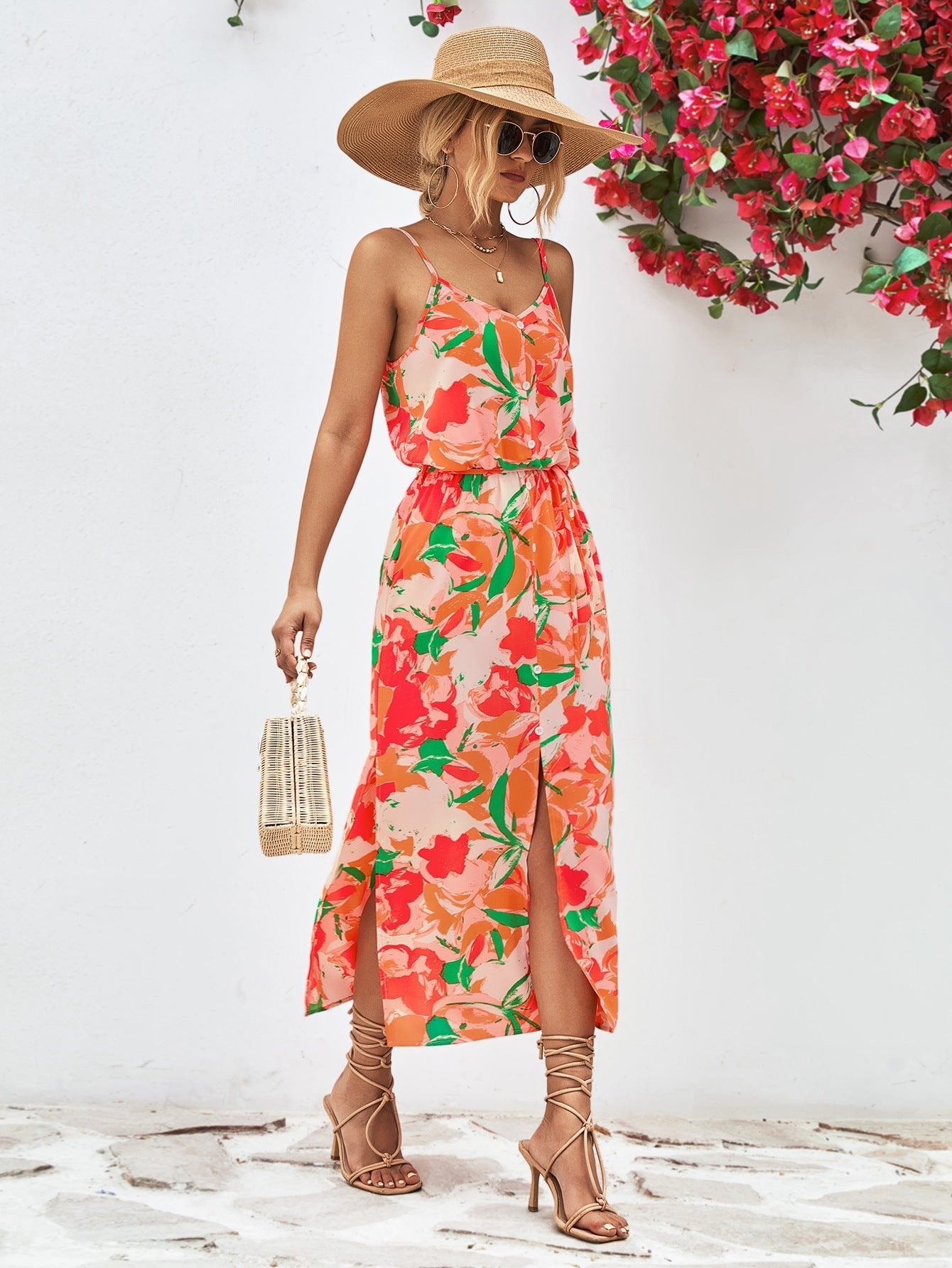 Printed Spaghetti Strap Front Slit Dress - Guy Christopher