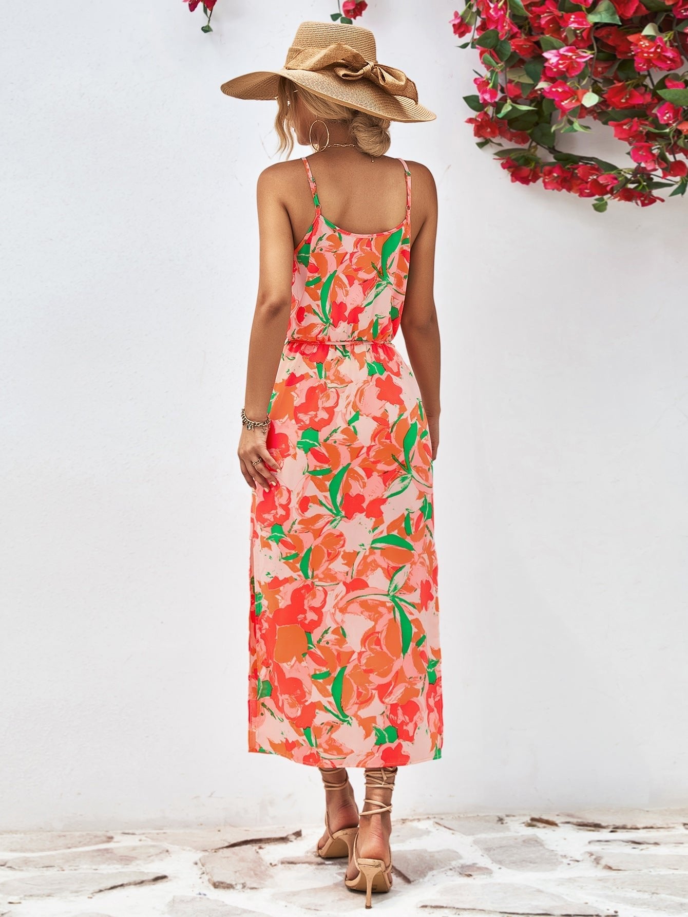 Printed Spaghetti Strap Front Slit Dress - Guy Christopher