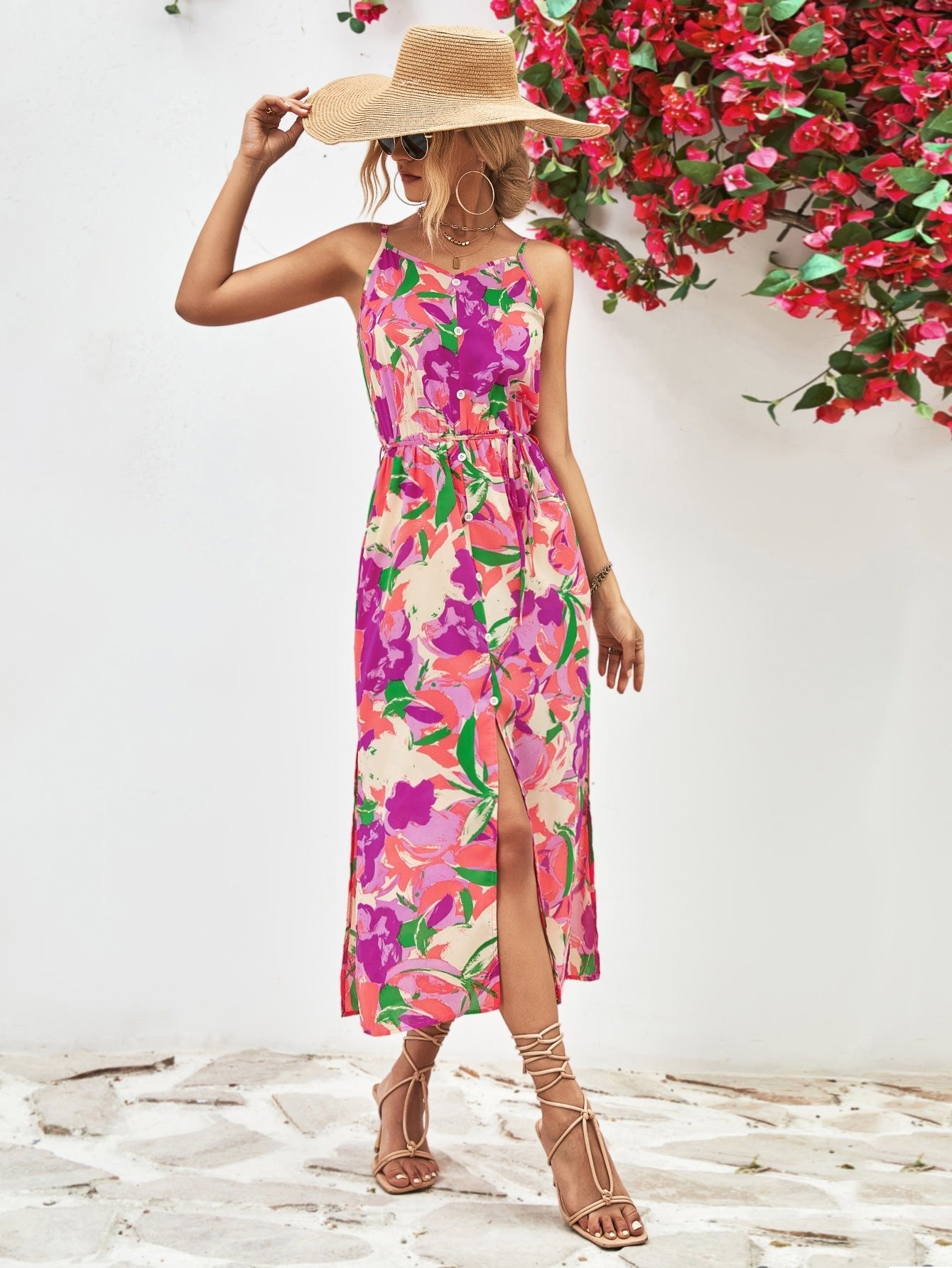 Printed Spaghetti Strap Front Slit Dress - Guy Christopher