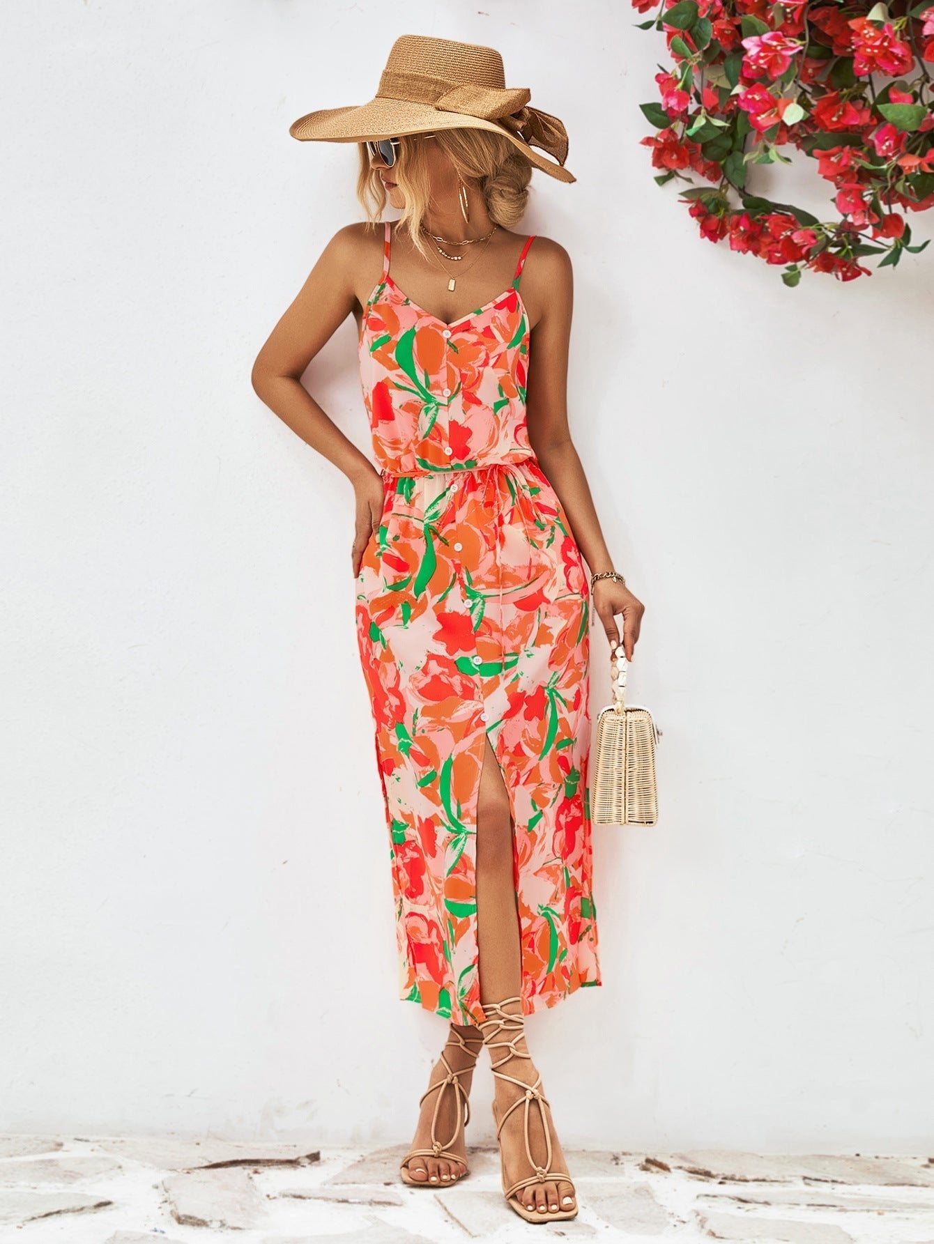 Printed Spaghetti Strap Front Slit Dress - Guy Christopher