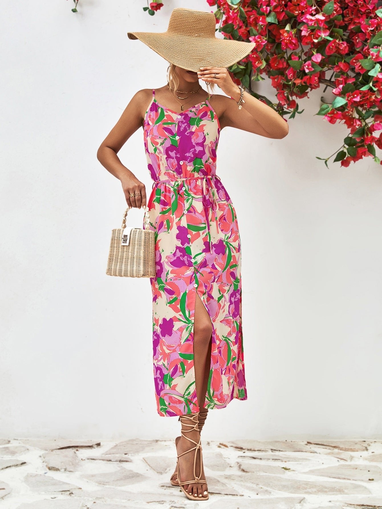 Printed Spaghetti Strap Front Slit Dress - Guy Christopher