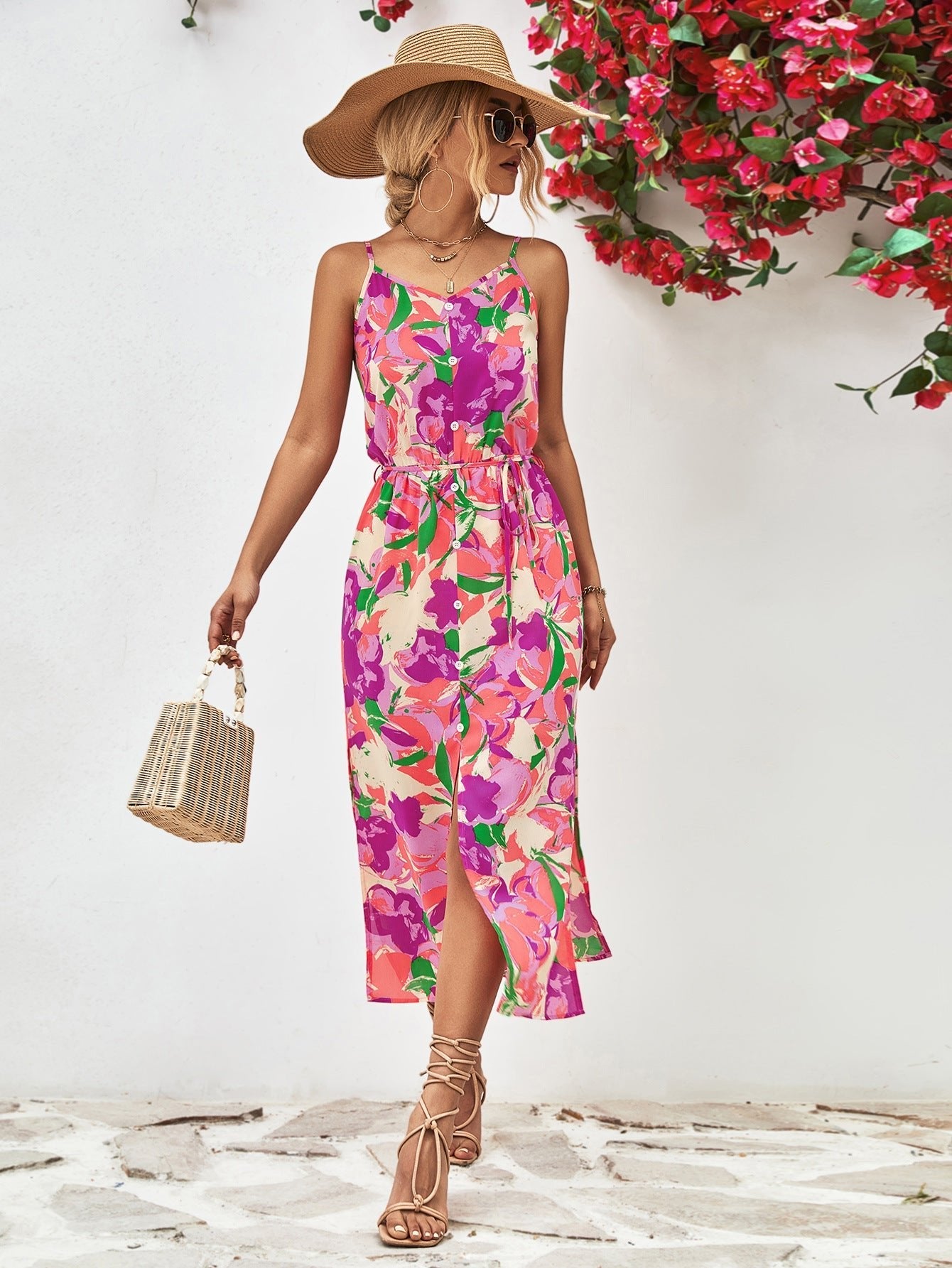 Printed Spaghetti Strap Front Slit Dress - Guy Christopher