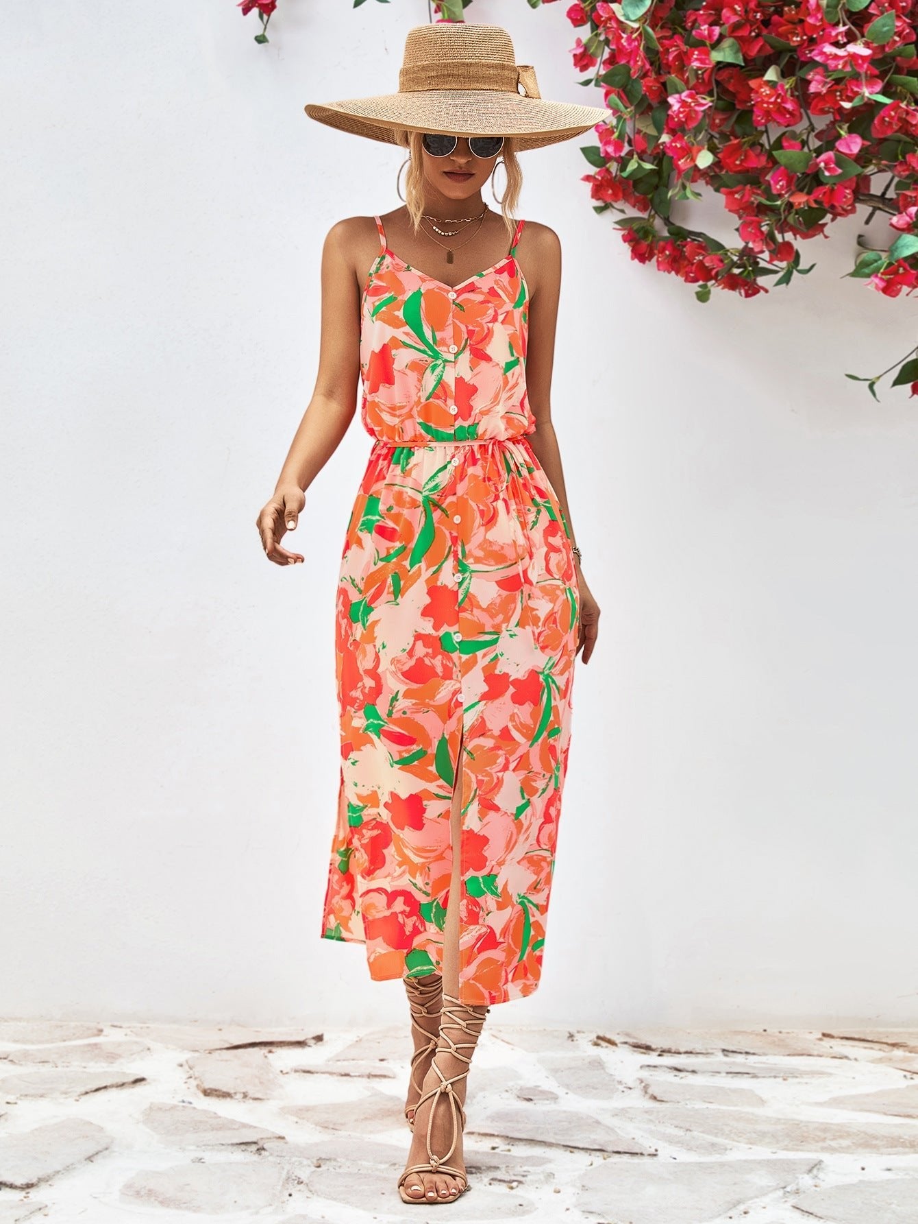 Printed Spaghetti Strap Front Slit Dress - Guy Christopher