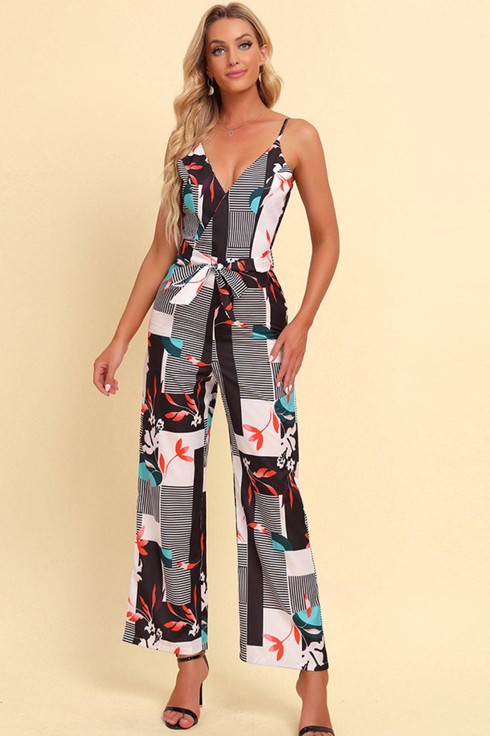 Printed Spaghetti Strap Tied Jumpsuit - Guy Christopher