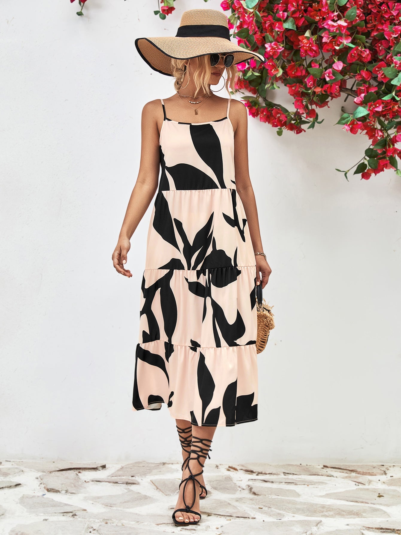 Printed Spaghetti Strap Tiered Midi Dress - Guy Christopher