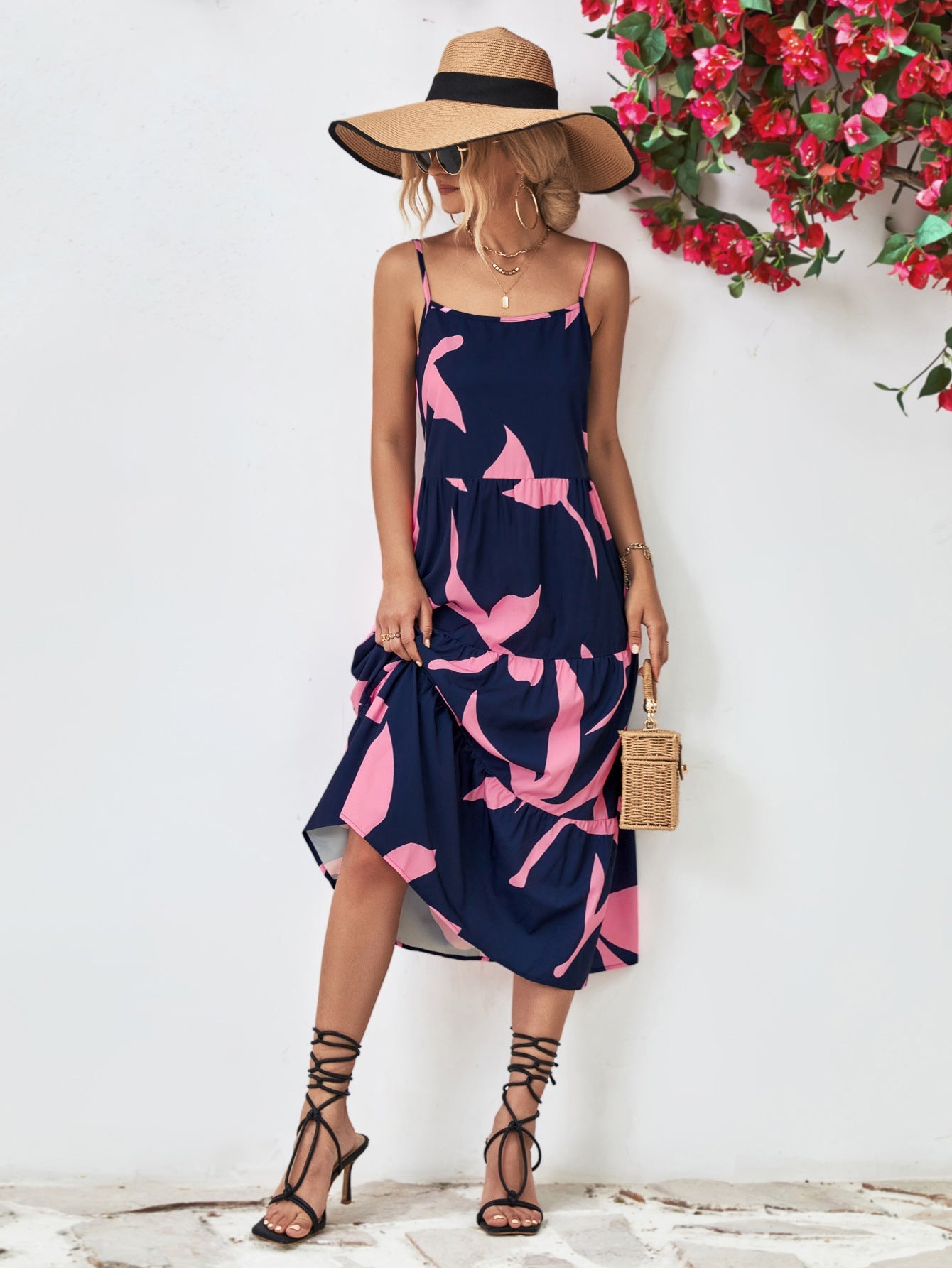 Printed Spaghetti Strap Tiered Midi Dress - Guy Christopher