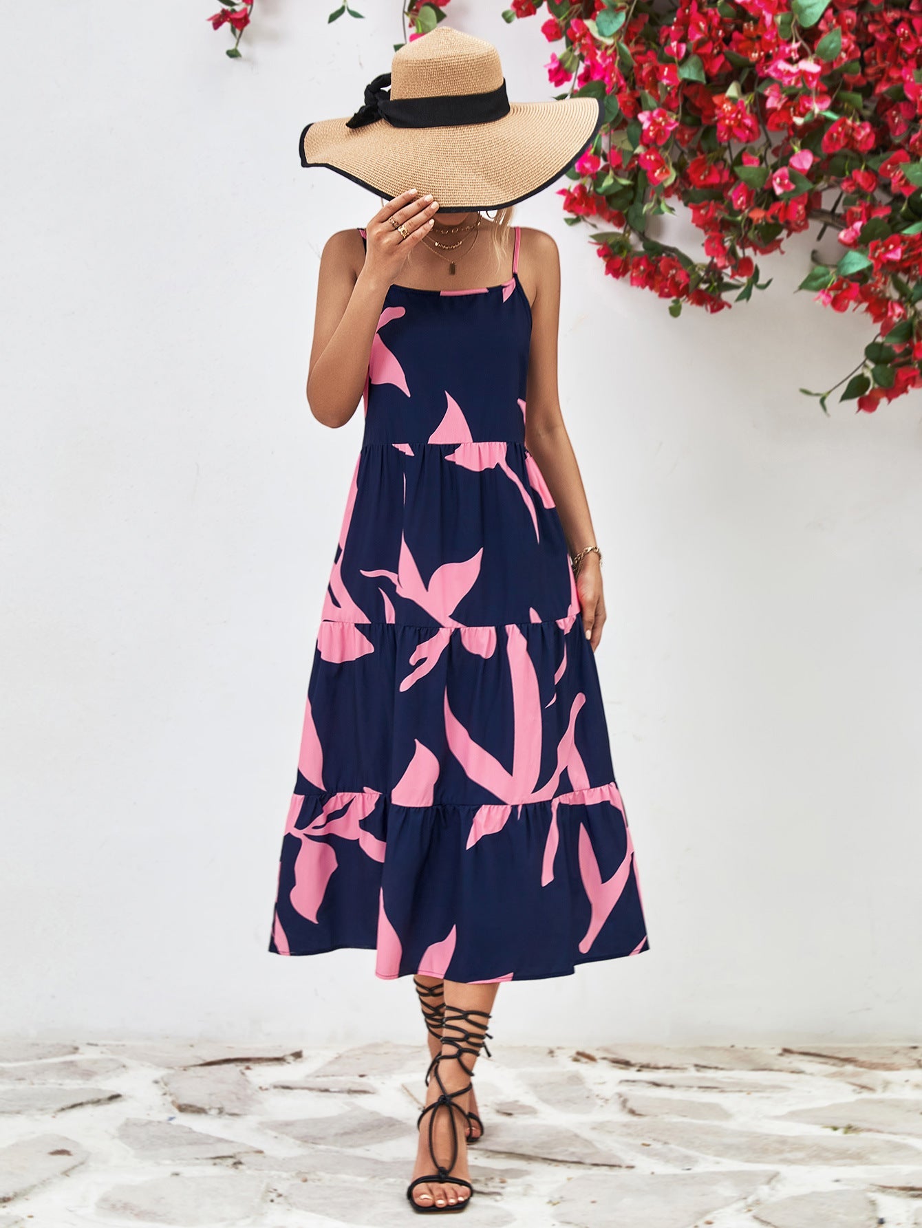 Printed Spaghetti Strap Tiered Midi Dress - Guy Christopher