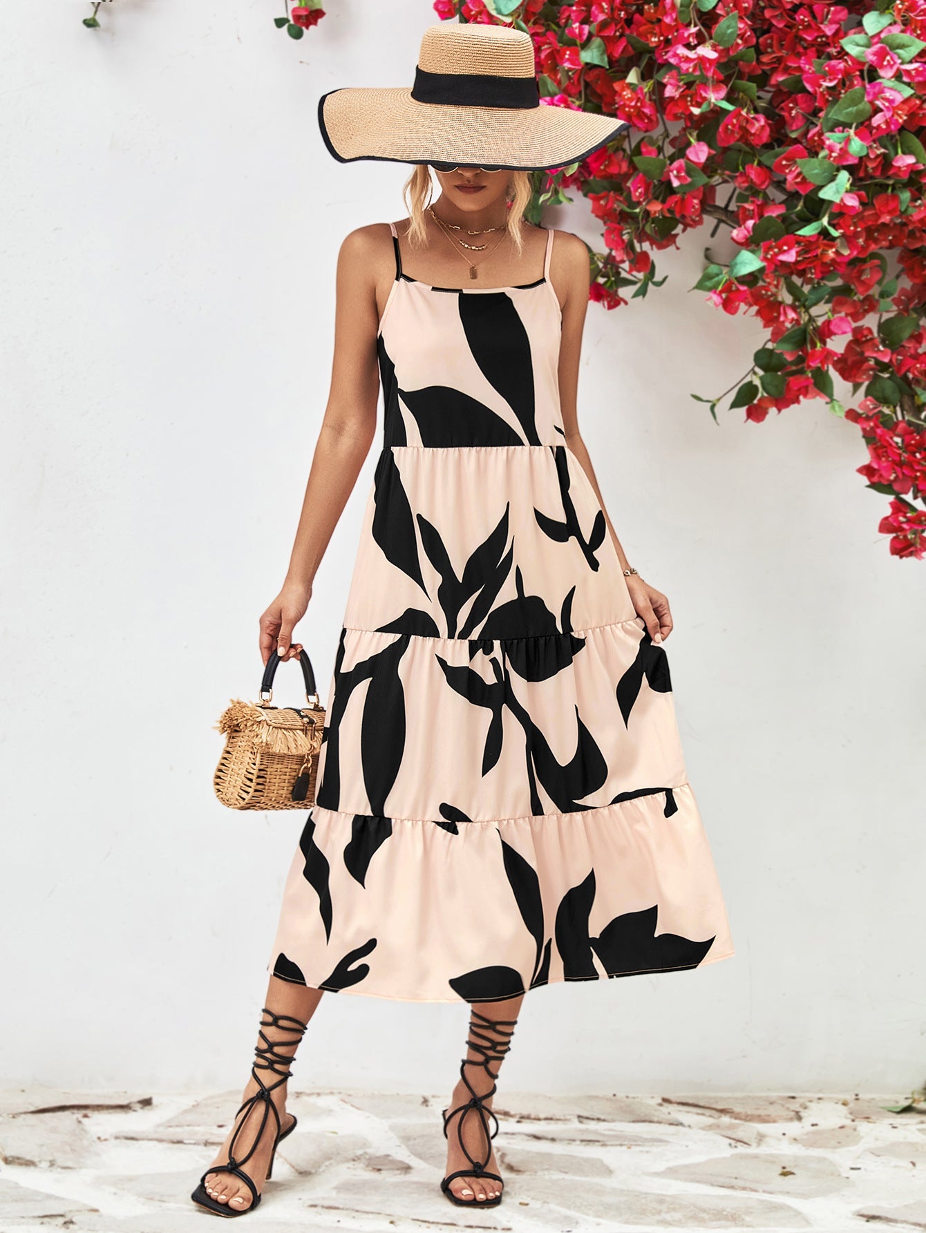 Printed Spaghetti Strap Tiered Midi Dress - Guy Christopher