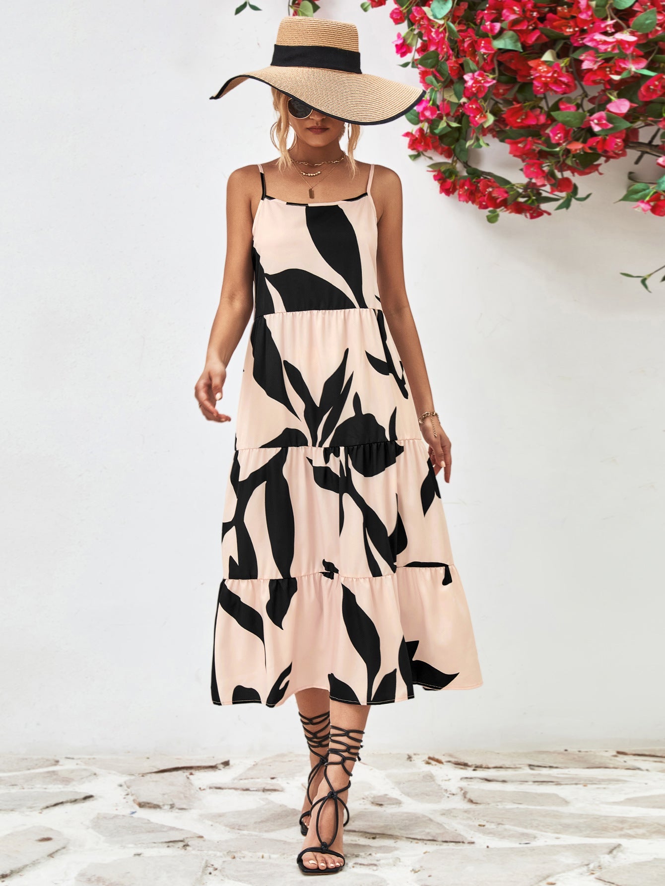 Printed Spaghetti Strap Tiered Midi Dress - Guy Christopher