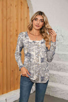 Printed Square Neck Long Sleeve Blouse - Guy Christopher