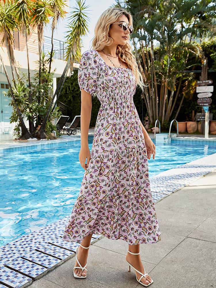 Printed Square Neck Short Sleeve Midi Dress - Guy Christopher