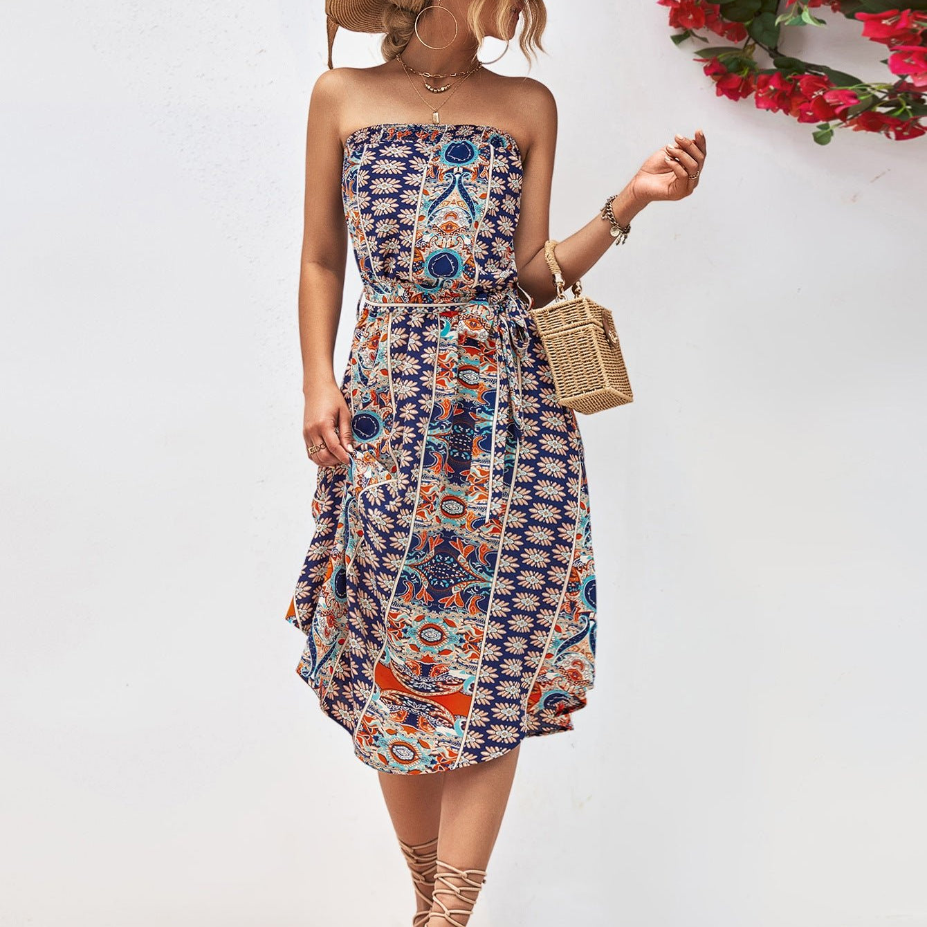 Printed Strapless Tie Belt Dress - Guy Christopher