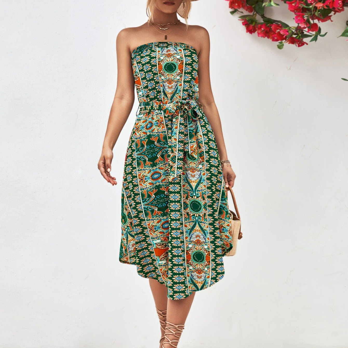 Printed Strapless Tie Belt Dress - Guy Christopher