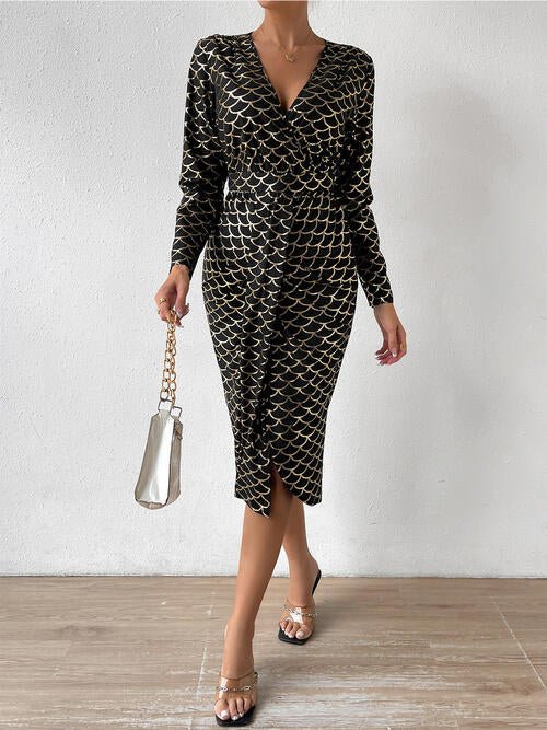 Printed Surplice Long Sleeve Slit Dress - Guy Christopher