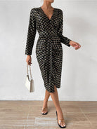 Printed Surplice Long Sleeve Slit Dress - Guy Christopher