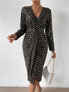 Printed Surplice Long Sleeve Slit Dress - Guy Christopher