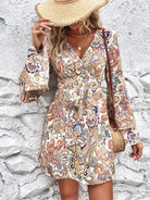 Printed Surplice Neck Flare Sleeve Dress - Guy Christopher