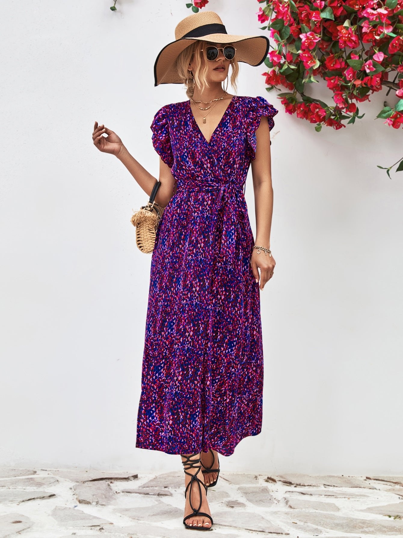 Printed Surplice Neck Flutter Sleeve Slit Dress - Guy Christopher