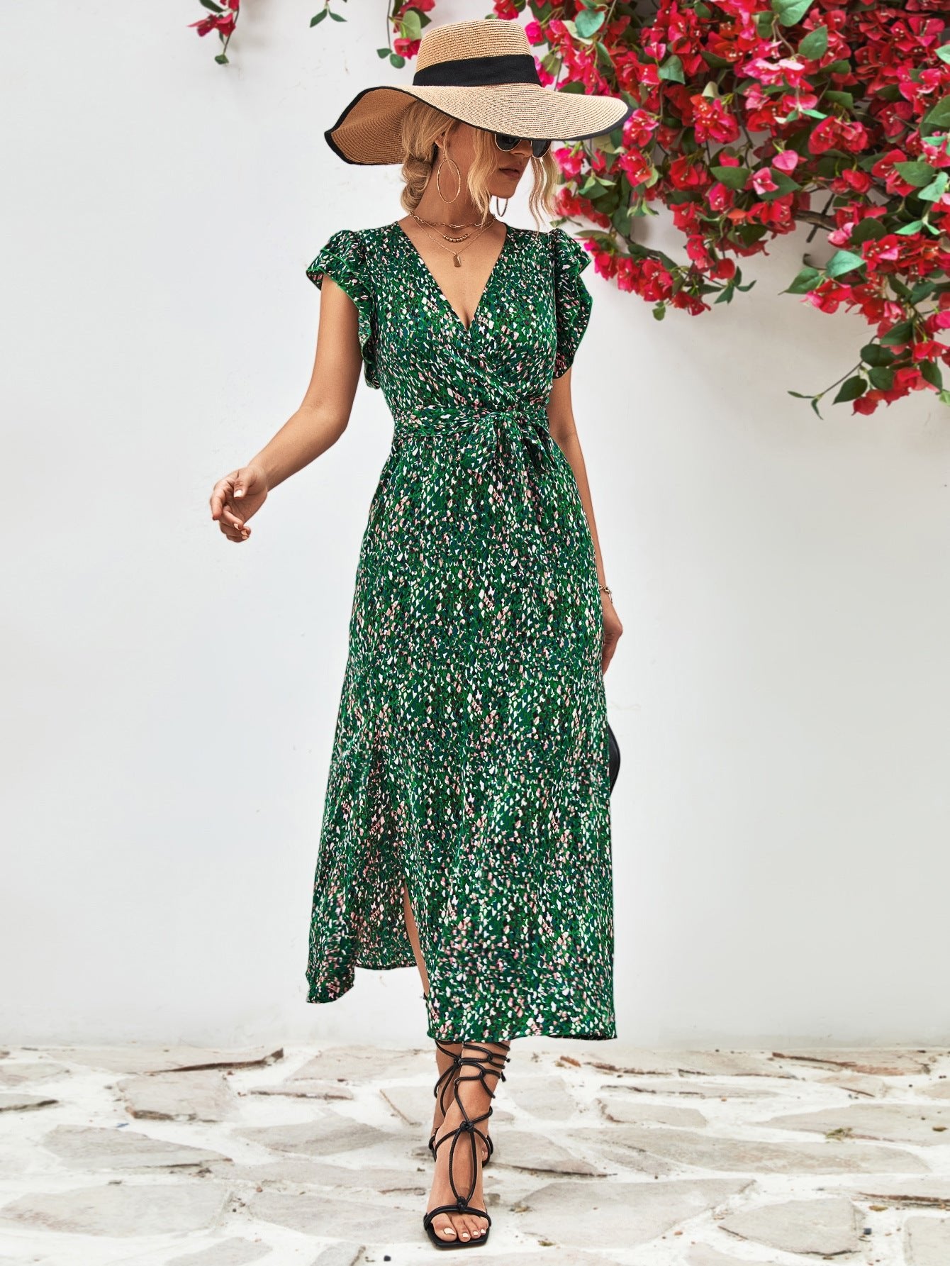 Printed Surplice Neck Flutter Sleeve Slit Dress - Guy Christopher