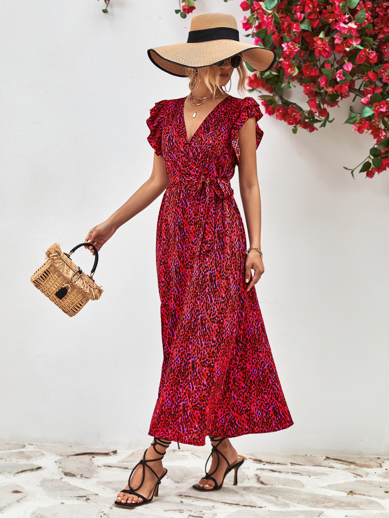 Printed Surplice Neck Flutter Sleeve Slit Dress - Guy Christopher