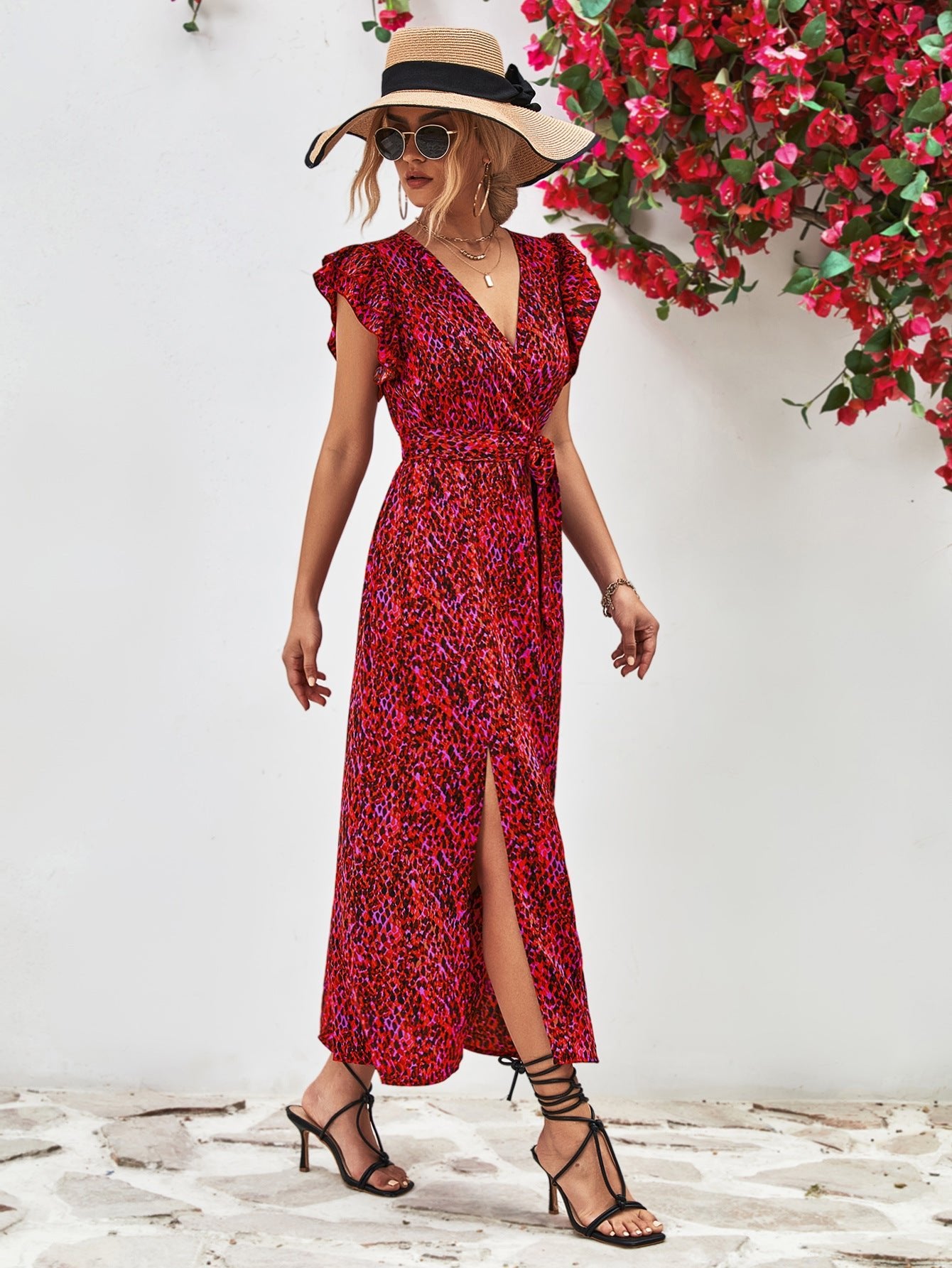 Printed Surplice Neck Flutter Sleeve Slit Dress - Guy Christopher